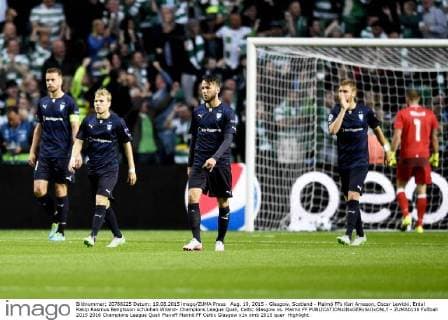 Aug. 19, 2015 - Glasgow, Scotland - Malmö FFs Kari Arnason, Oscar Lewicki, Erdal Rakip Rasmus Bengtsson ochJohan Wiland- Champions League Quali, Celtic Glasgow vs. Malmö FF  - ZUMAb138