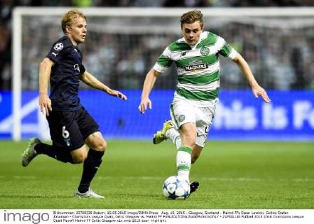 Aug. 19, 2015 - Glasgow, Scotland - Malmö FFs Oscar Lewicki, Celtics Stefan Johansen - Champions League Quali, Celtic Glasgow vs. Malmö FF  - ZUMAb138