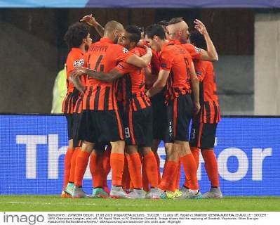 SOCCER - CL play off, Rapid vs Shakhtar VIENNA,AUSTRIA,19.AUG.15 - SOCCER - UEFA Champions League, play off, SK Rapid Wien vs FC Shakhtar Donetsk. Image shows the the rejoicing of Donetsk. Keywords: Wien Energie. GEPAxpictures xChristianxOrt