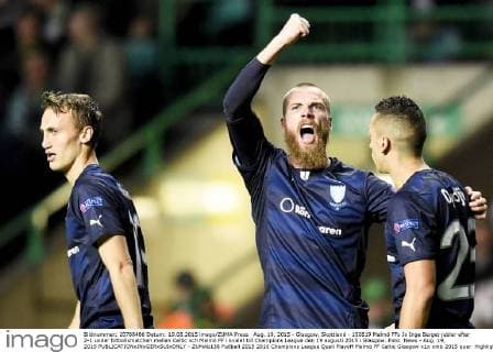 Aug. 19, 2015 - Glasgow, Skottland - 150819 Malmö FFs Jo Inge Berget jublar efter 2-1 under fotbollsmatchen mellan Celtic och Malmö FF i kvalet till Champions League den 19 augusti 2015 i Glasgow..Foto: News - Aug. 19, 2015  - ZUMAb138