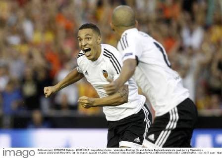 Valencia s Rodrigo (l) and Sofiane Feghouli celebrate goal during Champions League 2015 2016 Play-Offs 1st leg match. August 19,2015.  (2015081901)