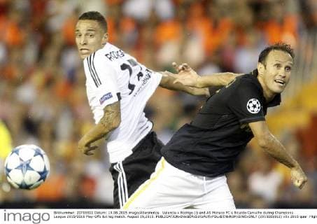 Valencia s Rodrigo (l) and AS Monaco FC s Ricardo Carvalho during Champions League 2015 2016 Play-Offs 1st leg match. August 19,2015.  (2015081912)