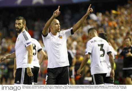 First leg of Champions League playoff Quali match between FC Valencia and AS Monaco at the Mestalla stadium. In this picture, Feghouli celebrates his goal. xAMPAROxSIMOx