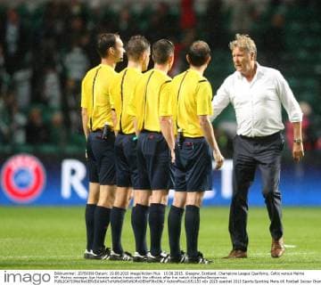 19.08.2015. Glasgow, Scotland. Champions League Qualifying. Celtic versus Malmo FF. Malmo manager Age Hareide shakes hands with the officials after the match xVagelisxGeorgarioux  ActionPlus11651153