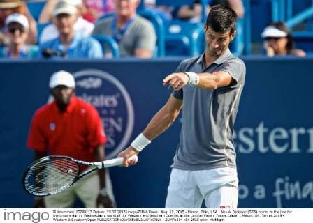 Aug. 19, 2015 - Mason, Ohio, USA - Novak Djokovic (SRB) points to the line for the umpire during Wednesday s round of the Western and Southern Open at at the Lindner Family Tennis Center , Mason, Oh. Tennis 2015 - Western & Southern Open - ZUMAs304