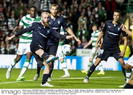 Aug. 19, 2015 - Glasgow, Skottland - 150819 Malmö FFs Jo Inge Berget gör 3-2 under fotbollsmatchen mellan Celtic och Malmö FF i kvalet till Champions League den 19 augusti 2015 i Glasgow..Foto: News - Aug. 19, 2015  - ZUMAb138