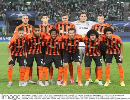 SOCCER - CL play off, VIENNA,AUSTRIA,19.AUG.15 - SOCCER - UEFA Champions League, play off, FC Shakhtar Donetsk. Image shows back row: Yaroslav Rakitskiy , Taras Stepanenko, Olexandr Gladkiy, Andriy Pyatov, Olexandr Kucher, front row: Marlos, Alex Teixeira, Fred, Darijo Srna, Marcio Azevedo and Taison (Donetsk). GEPAxpictures xChristianxOrt