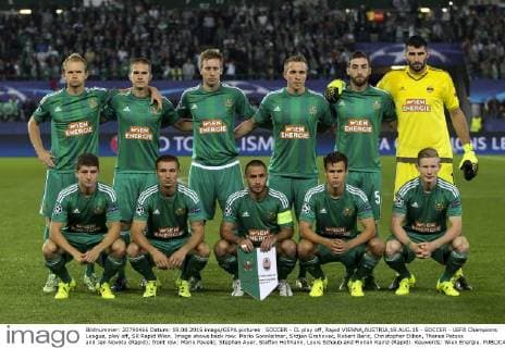 SOCCER - CL play off, Rapid VIENNA,AUSTRIA,19.AUG.15 - SOCCER - UEFA Champions League, play off, SK Rapid Wien. Image shows back row: Mario Sonnleitner, Srdjan Grahovac, Robert Beric, Christopher Dibon, Thanos Petsos and Jan Novota (Rapid); front row: Mario Pavelic, Stephan Auer, Steffen Hofmann, Louis Schaub and Florian Kainz (Rapid). Keywords: Wien Energie. GEPAxpictures xPhilippxBrem