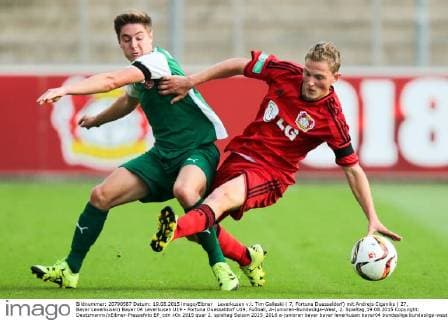 Leverkusen v.l. Tim Galleski ( 7, Fortuna Duesseldorf) mit Andrejs Ciganiks ( 27, Bayer Leverkusen) Bayer 04 Leverkusen U19 - Fortuna Duesseldorf U19, Fußball, A-Junioren-Bundesliga-West, 2. Spieltag,19.08.2015 Copyright: Deutzmannx xEibner-Pressefoto EP_cdn