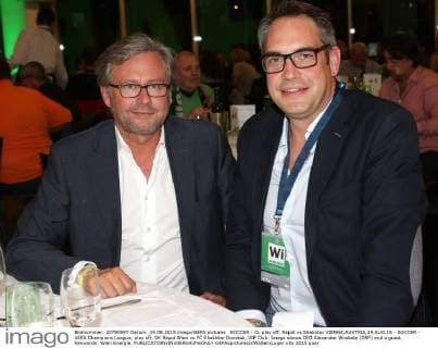 SOCCER - CL play off, Rapid vs Shakhtar VIENNA,AUSTRIA,19.AUG.15 - SOCCER - UEFA Champions League, play off, SK Rapid Wien vs FC Shakhtar Donetsk, VIP Club. Image shows CEO Alexander Wrabetz (ORF) and a guest. Keywords: Wien Energie. GEPAxpictures xWalterxLuger