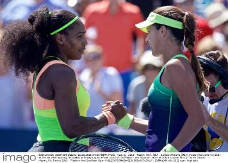 Aug. 21, 2015 - Mason, Ohio, USA - Serena Williams (USA) meets Ana Ivanovic (SRB) at the net after winning her match at Friday s quarterfinal round of the Western and Southern Open at at the Lindner Family Tennis Center , Mason, Oh. Tennis 2015 - Western And Southern Open - ZUMAs304