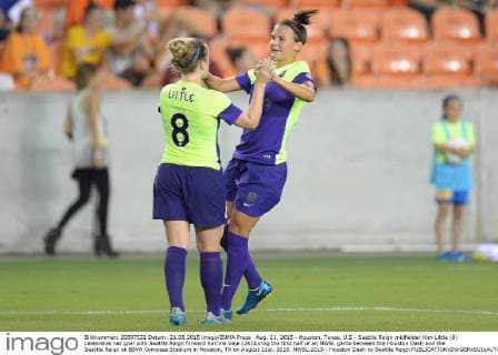 Aug. 21, 2015 - Houston, Texas, U.S - Seattle Reign midfielder Kim Little (8) celebrates her goal with Seattle Reign forward Katrine Veje (24)during the first half of an NWSL game between the Houston Dash and the Seattle Reign at BBVA Compass Stadium in Houston, TX on August 21st, 2015. NWSL 2015 - Houston Dash vs Seattle Reign - ZUMAs127