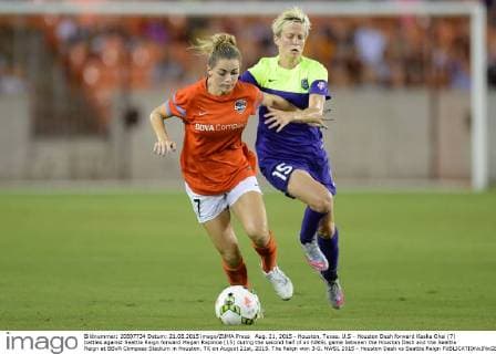 Aug. 21, 2015 - Houston, Texas, U.S - Houston Dash forward Kealia Ohai (7) battles against Seattle Reign forward Megan Rapinoe (15) during the second half of an NWSL game between the Houston Dash and the Seattle Reign at BBVA Compass Stadium in Houston, TX on August 21st, 2015. The Reign won 3-0. NWSL 2015 - Houston Dash vs Seattle Reign - ZUMAs127
