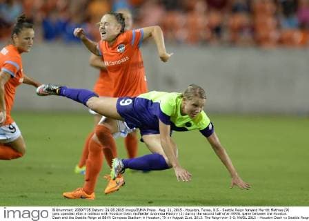 Aug. 21, 2015 - Houston, Texas, U.S - Seattle Reign forward Merritt Mathias (9) gets upended after a collision with Houston Dash midfielder Andressa Machry (2) during the second half of an NWSL game between the Houston Dash and the Seattle Reign at BBVA Compass Stadium in Houston, TX on August 21st, 2015. The Reign won 3-0. NWSL 2015 - Houston Dash vs Seattle Reign - ZUMAs127