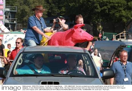 - SPA, BELGIUM: Farmers protest during the qualification races at the Grand Prix F1 of Belgium, in Spa-Francorchamps, Saturday 22 August 2015. The Spa-Francorchamps Formula One Grand Prix takes place this weekend, from August 21st until August 23rd. GEORGESxDExCOSTER  x04684488x