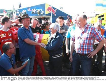 - SPA, BELGIUM: Belgian farmer Erwin Schopgens (L) and F1 s chief executive Bernie Ecclestone pictured during a farmer s protest at the qualification races at the Grand Prix F1 of Belgium, in Spa-Francorchamps, Saturday 22 August 2015. The Spa-Francorchamps Formula One Grand Prix takes place this weekend, from August 21st until August 23rd. GEORGESxDExCOSTER  x04684523x