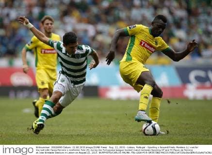 Aug. 22, 2015 - Lisbon, Portugal - Sporting s forward Fredy Montero (L) vies for the ball with Pacos Ferreira s midfielder Pele (R) during the Portuguese League football match between Sporting CP and FC Pacos de Ferreira at Jose Alvalade Stadium in Lisbon on August 22, 2015. NURPHOTO CARLOS PALMA. FBL-LIGA-POR-SPORTING-PACOS - ZUMAn230