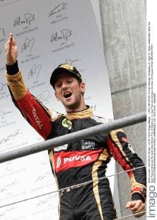 - SPA, BELGIUM: French Romain Grosjean of Lotus F1 Team celebrates after the Spa-Francorchamps Formula One Grand Prix of Belgium, in Spa-Francorchamps, Sunday 23 August 2015. BRUNOxFAHY  x04685630x