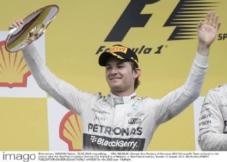 - SPA, BELGIUM: German Nico Rosberg of Mercedes AMG Petronas F1 Team pictured on the podium after the Spa-Francorchamps Formula One Grand Prix of Belgium, in Spa-Francorchamps, Sunday 23 August 2015. NICOLASxLAMBERT  x04685672x