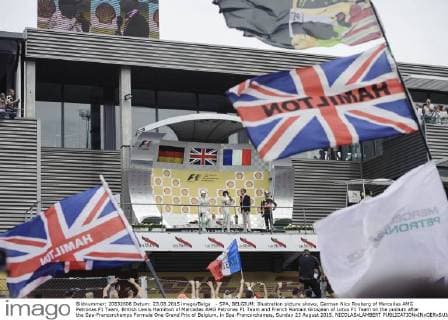 - SPA, BELGIUM: Illustration picture shows, German Nico Rosberg of Mercedes AMG Petronas F1 Team, British Lewis Hamilton of Mercedes AMG Petronas F1 Team and French Romain Grosjean of Lotus F1 Team on the podium after the Spa-Francorchamps Formula One Grand Prix of Belgium, in Spa-Francorchamps, Sunday 23 August 2015. NICOLASxLAMBERT  x04685655x
