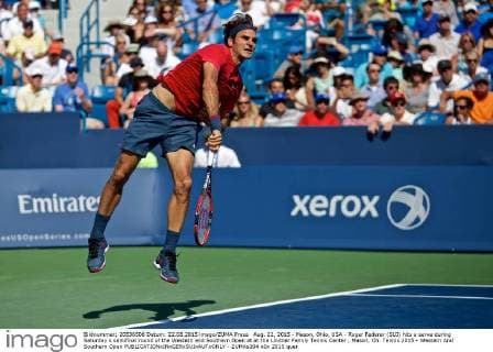 Aug. 22, 2015 - Mason, Ohio, USA - Roger Federer (SUI) hits a serve during Saturday s semifinal round of the Western and Southern Open at at the Lindner Family Tennis Center , Mason, Oh. Tennis 2015 - Western And Southern Open - ZUMAs304