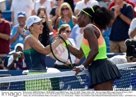 Aug. 23, 2015 - Mason, Ohio, USA - Simona Halep (ROU) meets Serena Williams (USA) at the net to congratulate her on her win at Sunday s final round of the Western and Southern Open at at the Lindner Family Tennis Center , Mason, Oh. Williams defeated Halep in two sets 6-3, 7-6. Tennis 2015 - Western And Southern Open - ZUMAs304