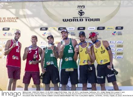 Aug. 23, 2015 - Los Angeles, California, U.S - United States Nick Lucena (1) and Phil Dalhausser (2) Brazil Alison Cerutti (1) and Bruno Oscar Schmidt, Spanish Pablo Herrera (1) and his teammate Adrian Gavira (2) pose on the podium after the World Series of Beach volleyball Beachvolleyball Men Final in Long Beach against , California., Sunday, August. 23, 2015. World Series of Beach Volleyball Men Final - ZUMAc68_