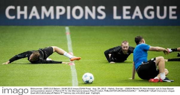 Aug. 24, 2015 - Malmö, Sverige - 150824 Malmö FFs Kari Arnason och Jo Inge Berget during practice session of Malmö FF for the Champions League Playoff match.  - ZUMAb138