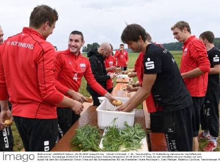 Aktuell Volleyball, 1. BL, Teambuilding, TV Rottenburg während der Kartoffelernte Volleyball 1. Bundesliga 2015 2016 TV Rottenburg beim Teambuildingevent 24.08.2015 TV R Team bei der Kartoffelernte und Kochen auf dem Acker mit dem Bio Spitzenkoch Simon Tress auf der Schwaebischen Alb bei Ehestetten (Kreis Reutlingen). Sven Metzger, Federico Cipollone, Teammanager Philipp Vollmer, Felix Isaak und Lars Wilmsen (v.li.) putzen die frisch geernteten Kartoffeln fuer einen Eintopf. 