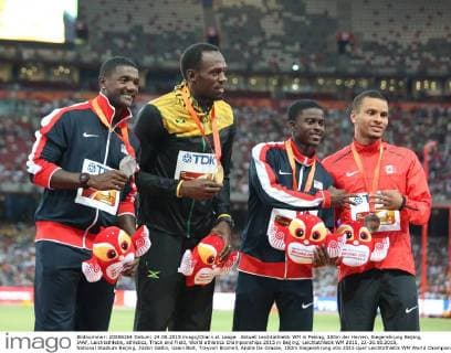 Aktuell Leichtathletik WM in Peking, 100m der Herren, Siegerehrung Beijing, IAAF, Leichtathletik, athletics, Track and Field, World athletics Championships 2015 in Beijing, Leichtathletik WM 2015, 22-30.08.2015, National Stadium Beijing, JUstin Gatlin, Usain Bolt, Trayvon Bromell, Andre De Grasse, 100m Siegerehrung