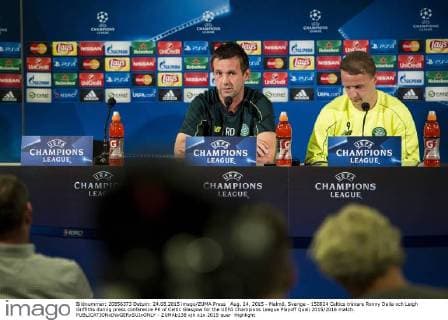 Aug. 24, 2015 - Malmö, Sverige - 150824 Celtics tränare Ronny Deila och Leigh Griffiths during press conference PK of Celtic Glasgow for the UEFA Champions League Playoff Quali 2015 2016 match.  - ZUMAb138