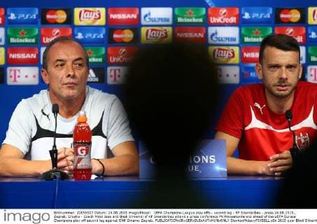 UEFA Champions League play-offs - second leg - KF Skenderbeu - press 24.08.2015., Zagreb, Croatia - Coach Mirel Josa and Bledi Shkembi of KF Skenderbeu attend a press conference PK Pressekonferenz ahead of the UEFA Europa Champions play off second leg against GNK Dinamo Zagreb.  SlavkoxMidzor PIXSELL