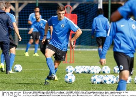 - BRUGGE, BELGIUM: Club s Thomas Meunier pictured during a training session of Club Brugge KV, in Brugge, Tuesday 25 August 2015. Tomorrow Belgian first league soccer team Club Brugge will play the return game of the play-offs of the Uefa Champions League competition against British soccer club Manchester United ManU FC. Manchester United won the first leg 3-1. BRUNOxFAHY  x04686769x