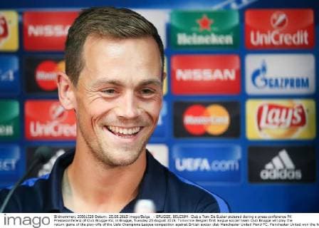 - BRUGGE, BELGIUM: Club s Tom De Sutter pictured during a press conference PK Pressekonferenz of Club Brugge KV, in Brugge, Tuesday 25 August 2015. Tomorrow Belgian first league soccer team Club Brugge will play the return game of the play-offs of the Uefa Champions League competition against British soccer club Manchester United ManU FC. Manchester United won the first leg 3-1. BRUNOxFAHY  x04686833x