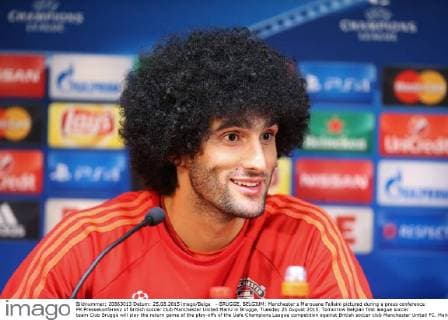 - BRUGGE, BELGIUM: Manchester s Marouane Fellaini pictured during a press conference PK Pressekonferenz of British soccer club Manchester United ManU in Brugge, Tuesday 25 August 2015. Tomorrow Belgian first league soccer team Club Brugge will play the return game of the play-offs of the Uefa Champions League competition against British soccer club Manchester United FC. Manchester United won the first leg 3-1. BRUNOxFAHY  x04686934x