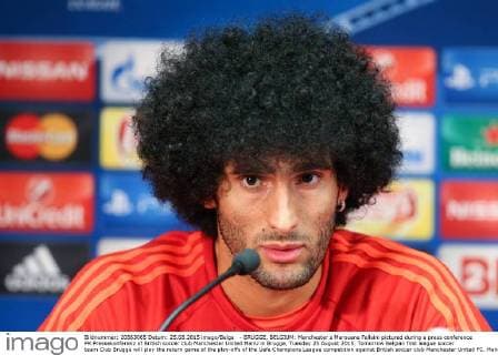 - BRUGGE, BELGIUM: Manchester s Marouane Fellaini pictured during a press conference PK Pressekonferenz of British soccer club Manchester United ManU in Brugge, Tuesday 25 August 2015. Tomorrow Belgian first league soccer team Club Brugge will play the return game of the play-offs of the Uefa Champions League competition against British soccer club Manchester United FC. Manchester United won the first leg 3-1. BRUNOxFAHY  x04686954x