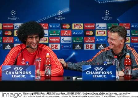 - BRUGGE, BELGIUM: Manchester s Marouane Fellaini and Manchester s head coach Louis van Gaal pictured during a press conference PK Pressekonferenz of British soccer club Manchester United ManU in Brugge, Tuesday 25 August 2015. Tomorrow Belgian first league soccer team Club Brugge will play the return game of the play-offs of the Uefa Champions League competition against British soccer club Manchester United FC. Manchester United won the first leg 3-1. BRUNOxFAHY  x04686955x