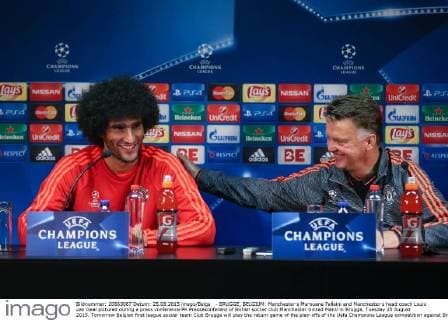 - BRUGGE, BELGIUM: Manchester s Marouane Fellaini and Manchester s head coach Louis van Gaal pictured during a press conference PK Pressekonferenz of British soccer club Manchester United ManU in Brugge, Tuesday 25 August 2015. Tomorrow Belgian first league soccer team Club Brugge will play the return game of the play-offs of the Uefa Champions League competition against British soccer club Manchester United FC. Manchester United won the first leg 3-1. BRUNOxFAHY  x04686956x
