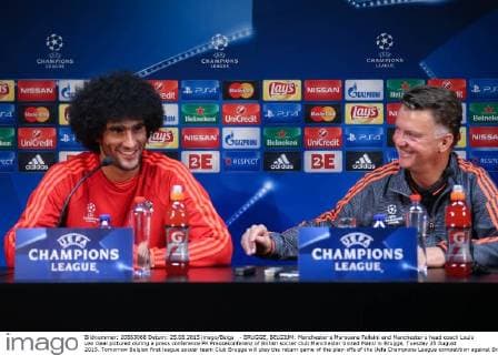 - BRUGGE, BELGIUM: Manchester s Marouane Fellaini and Manchester s head coach Louis van Gaal pictured during a press conference PK Pressekonferenz of British soccer club Manchester United ManU in Brugge, Tuesday 25 August 2015. Tomorrow Belgian first league soccer team Club Brugge will play the return game of the play-offs of the Uefa Champions League competition against British soccer club Manchester United FC. Manchester United won the first leg 3-1. BRUNOxFAHY x04686957x