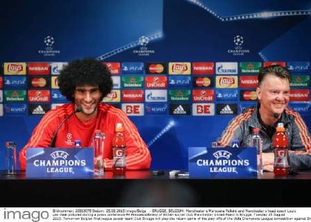- BRUGGE, BELGIUM: Manchester s Marouane Fellaini and Manchester s head coach Louis van Gaal pictured during a press conference PK Pressekonferenz of British soccer club Manchester United ManU in Brugge, Tuesday 25 August 2015. Tomorrow Belgian first league soccer team Club Brugge will play the return game of the play-offs of the Uefa Champions League competition against British soccer club Manchester United FC. Manchester United won the first leg 3-1. BRUNOxFAHY  x04686946x