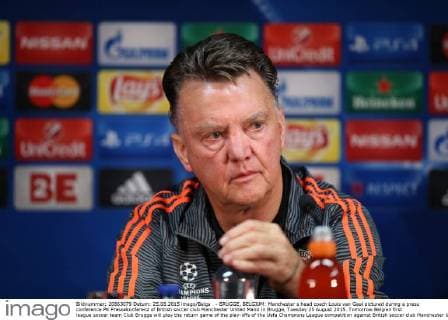 - BRUGGE, BELGIUM: Manchester s head coach Louis van Gaal pictured during a press conference PK Pressekonferenz of British soccer club Manchester United ManU in Brugge, Tuesday 25 August 2015. Tomorrow Belgian first league soccer team Club Brugge will play the return game of the play-offs of the Uefa Champions League competition against British soccer club Manchester United FC. Manchester United won the first leg 3-1. BRUNOxFAHY  x04686952x