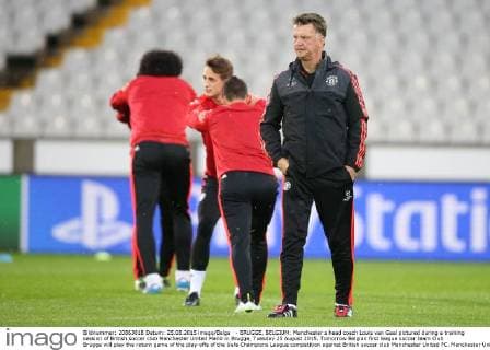 - BRUGGE, BELGIUM: Manchester s head coach Louis van Gaal pictured during a training session of British soccer club Manchester United ManU in Brugge, Tuesday 25 August 2015. Tomorrow Belgian first league soccer team Club Brugge will play the return game of the play-offs of the Uefa Champions League competition against British soccer club Manchester United FC. Manchester United won the first leg 3-1. BRUNOxFAHY  x04687050x