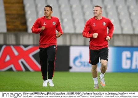- BRUGGE, BELGIUM: Manchester s Memphis Depay and Manchester s Wayne Rooney pictured during a training session of British soccer club Manchester United ManU in Brugge, Tuesday 25 August 2015. Tomorrow Belgian first league soccer team Club Brugge will play the return game of the play-offs of the Uefa Champions League competition against British soccer club Manchester United FC. Manchester United won the first leg 3-1. BRUNOxFAHY  x04687053x