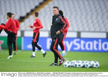 - BRUGGE, BELGIUM: Manchester s head coach Louis van Gaal pictured during a training session of British soccer club Manchester United ManU in Brugge, Tuesday 25 August 2015. Tomorrow Belgian first league soccer team Club Brugge will play the return game of the play-offs of the Uefa Champions League competition against British soccer club Manchester United FC. Manchester United won the first leg 3-1. BRUNOxFAHY  x04687039x