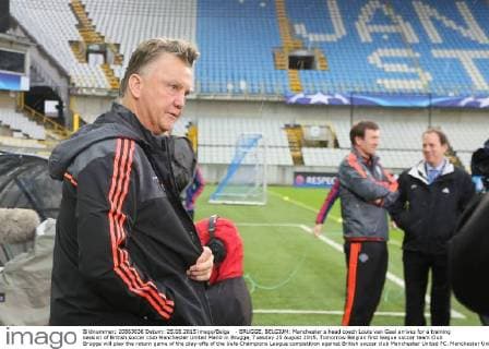 - BRUGGE, BELGIUM: Manchester s head coach Louis van Gaal arrives for a training session of British soccer club Manchester United ManU in Brugge, Tuesday 25 August 2015. Tomorrow Belgian first league soccer team Club Brugge will play the return game of the play-offs of the Uefa Champions League competition against British soccer club Manchester United FC. Manchester United won the first leg 3-1. BRUNOxFAHY  x04687031x