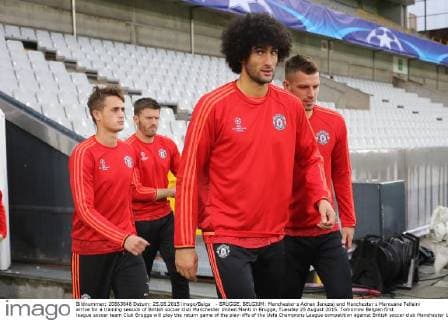 - BRUGGE, BELGIUM: Manchester s Adnan Januzaj and Manchester s Marouane Fellaini arrive for a training session of British soccer club Manchester United ManU in Brugge, Tuesday 25 August 2015. Tomorrow Belgian first league soccer team Club Brugge will play the return game of the play-offs of the Uefa Champions League competition against British soccer club Manchester United FC. Manchester United won the first leg 3-1. BRUNOxFAHY  x04687029x
