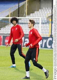 - BRUGGE, BELGIUM: Manchester s Marouane Fellaini and Manchester s Adnan Januzaj pictured during a training session of British soccer club Manchester United ManU in Brugge, Tuesday 25 August 2015. Tomorrow Belgian first league soccer team Club Brugge will play the return game of the play-offs of the Uefa Champions League competition against British soccer club Manchester United FC. Manchester United won the first leg 3-1. BRUNOxFAHY x04687067x