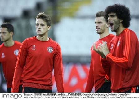 - BRUGGE, BELGIUM: Manchester s Adnan Januzaj and Manchester s Marouane Fellaini pictured during a training session of British soccer club Manchester United ManU in Brugge, Tuesday 25 August 2015. Tomorrow Belgian first league soccer team Club Brugge will play the return game of the play-offs of the Uefa Champions League competition against British soccer club Manchester United FC. Manchester United won the first leg 3-1. BRUNOxFAHY  x04687057x