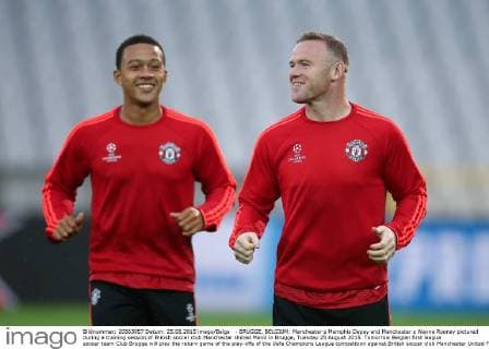 - BRUGGE, BELGIUM: Manchester s Memphis Depay and Manchester s Wayne Rooney pictured during a training session of British soccer club Manchester United ManU in Brugge, Tuesday 25 August 2015. Tomorrow Belgian first league soccer team Club Brugge will play the return game of the play-offs of the Uefa Champions League competition against British soccer club Manchester United FC. Manchester United won the first leg 3-1. BRUNOxFAHY  x04687018x