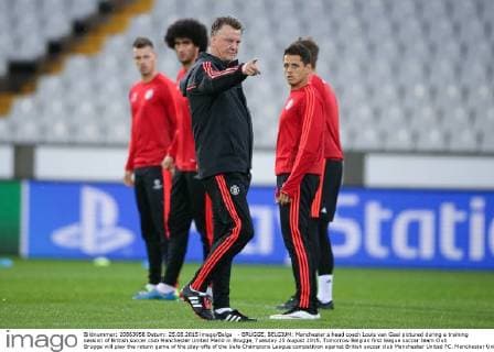 - BRUGGE, BELGIUM: Manchester s head coach Louis van Gaal pictured during a training session of British soccer club Manchester United ManU in Brugge, Tuesday 25 August 2015. Tomorrow Belgian first league soccer team Club Brugge will play the return game of the play-offs of the Uefa Champions League competition against British soccer club Manchester United FC. Manchester United won the first leg 3-1. BRUNOxFAHY  x04687019x